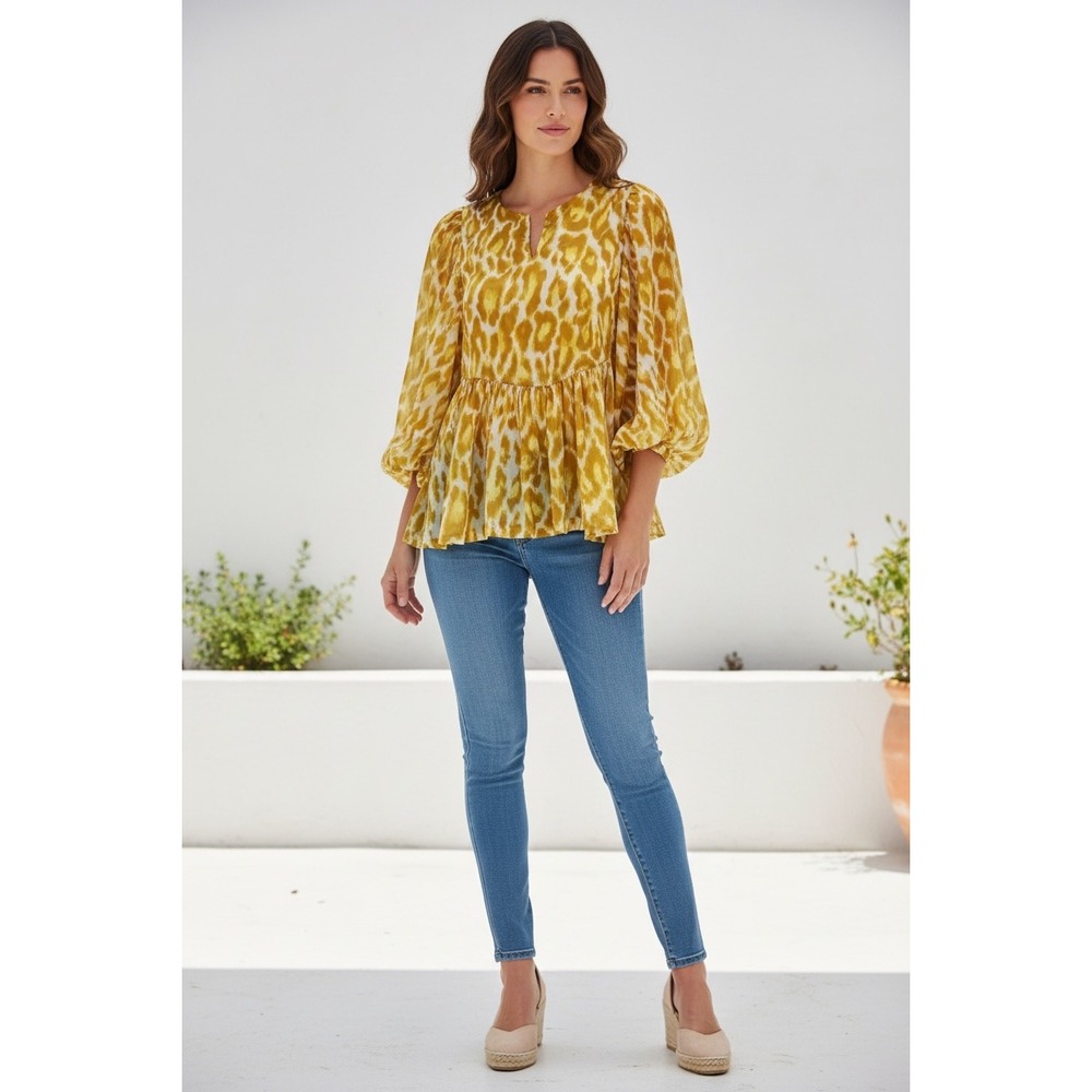 Samantha Sung Peplum Top 4 Yellow Animal Print Puff Sleeve Split Cotton Blouse